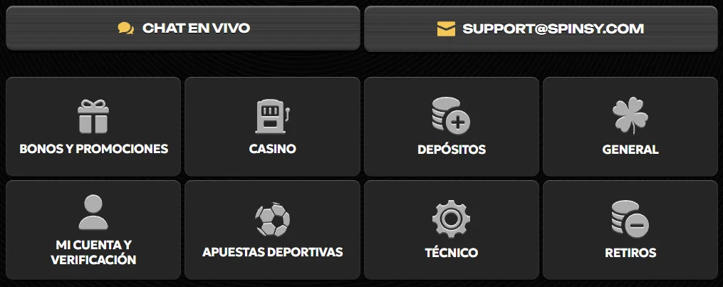 Spinsy Casino Ayuda y Atención al Cliente Spinsy Casino centro de ayuda con categorías de soporte, pagos y cuenta